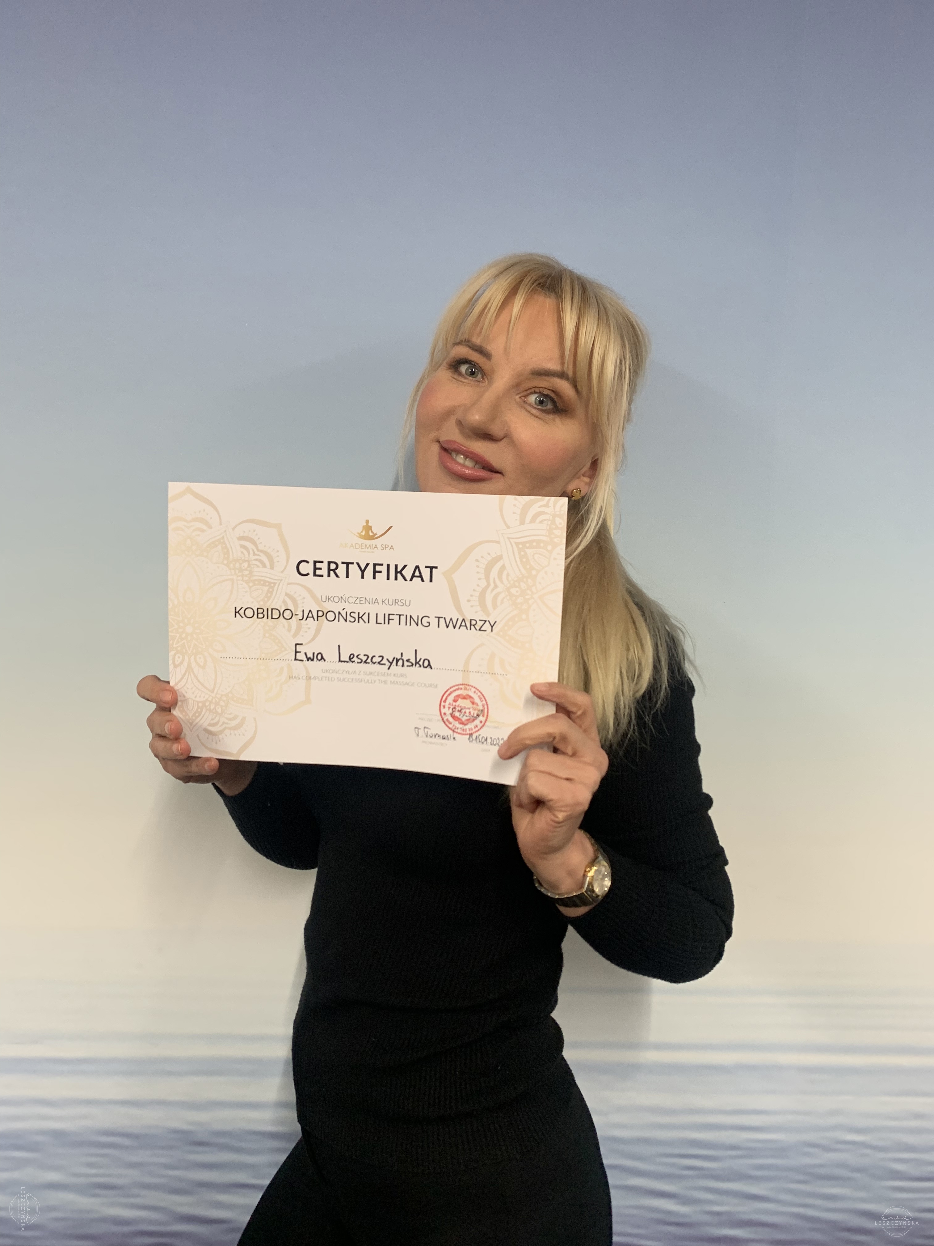 Certyfikat ukończenia kursu masażu Kobido – Ewa Leszczyńska, kosmetolog i pielęgniarka